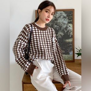 Checker Pattern Patch Drop Shoulder Sweater Girls
